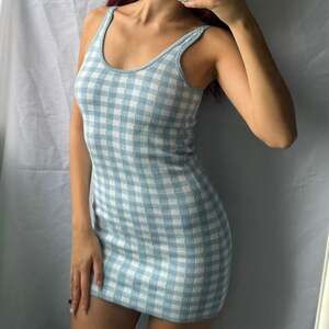 Blue and White Knit Gingham Mini Dress, Y2K Checkered Bodycon, Size XS/S